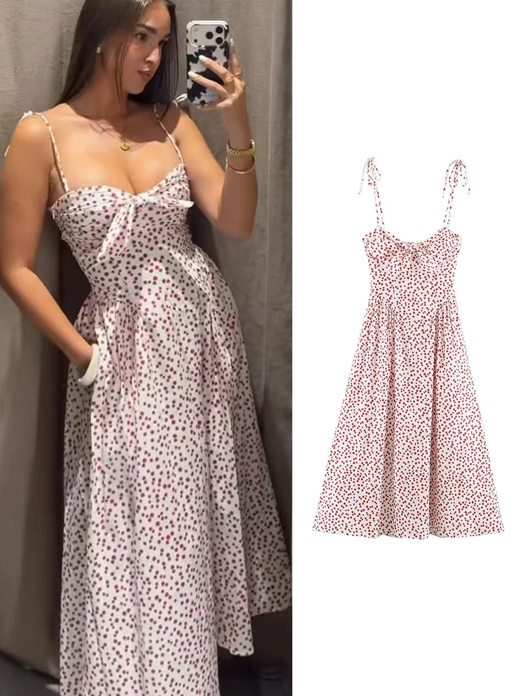 TFMLN Women Print Bow Sling Dress Slim Waist Midi Retro French Style Dresses Casual Sleeveless Beach Street Summer Robe