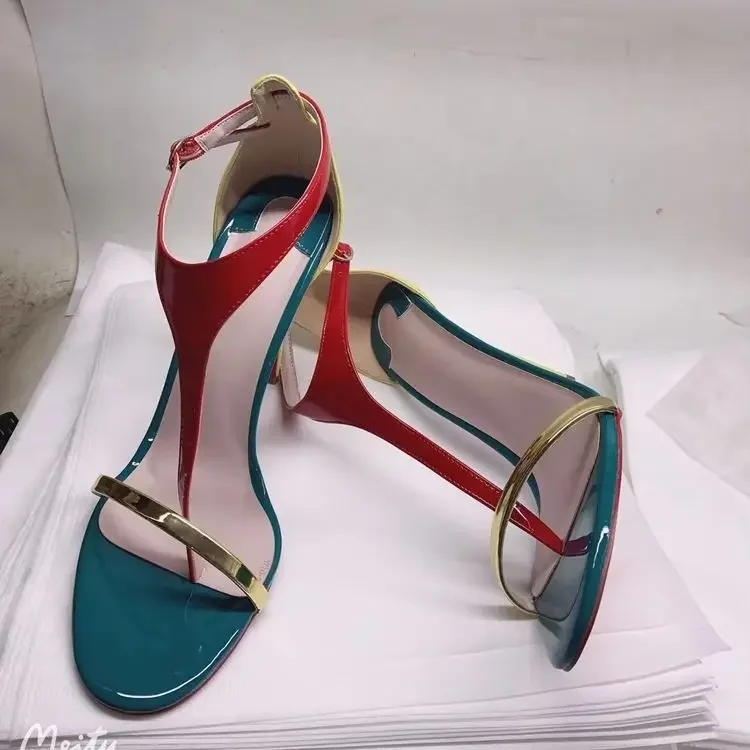 

Mixed Color Fashion women Sandals Cross Strap Patent Leather Colorful Stiletto Heels Shoes T-tied Cover Heel Open Toe Sandals