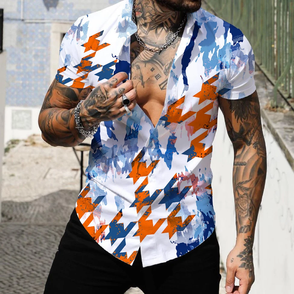 Camisa Hawaiana De Manga Corta Para hombre, Ropa De Calle Con Estampado 3d De Retales A rayas, Tops De Solapa Para playa, 2024