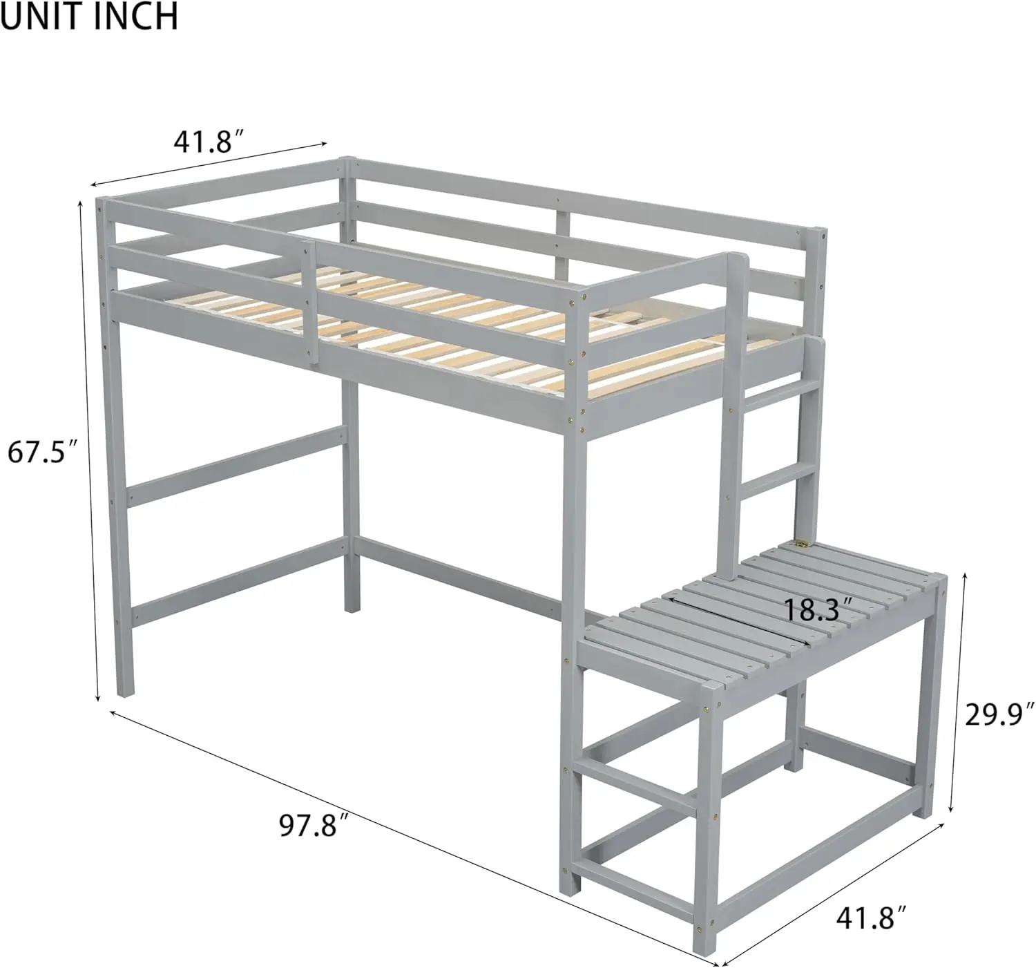 Twin Loft Bed With Desk,Loft Bed For Kids, Boys, Girls,Wooden Loft Bed Frame,Built In Desk And Ladder, High Loft, Gray