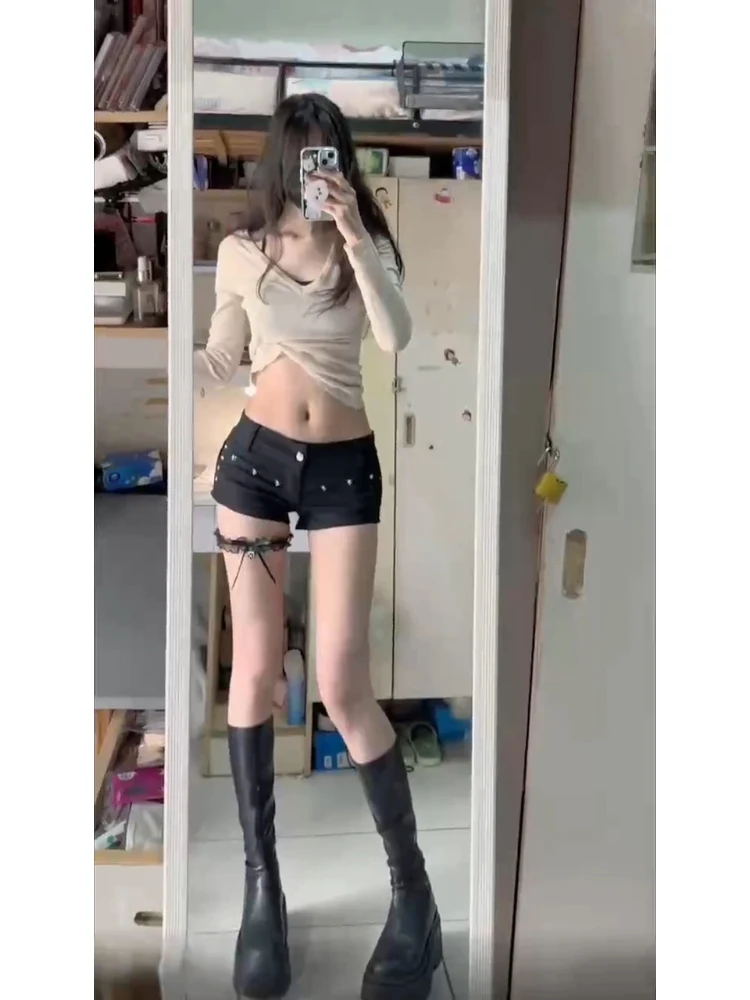 

Женские джинсовые брюки с низкой талией, новинка 2025, Y2K, сексуальные брюки с заклепками в стиле ретро, супер-о, утягивающие сексуальные джинсы, весна-лето