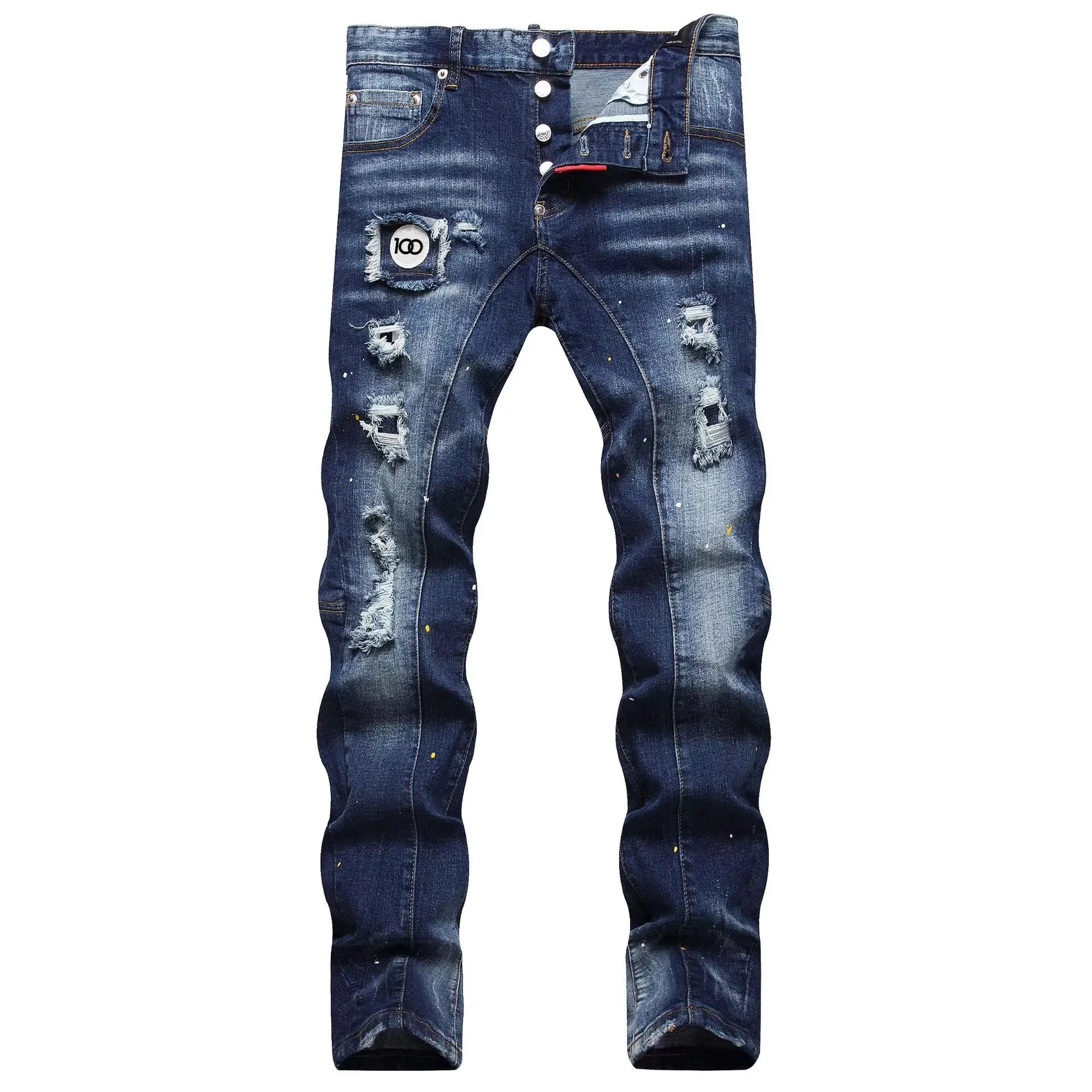 chareiharper plus size dsq099 Men's fashion trend Spin paint skinny stretch slim embroidered badge small foot jeans