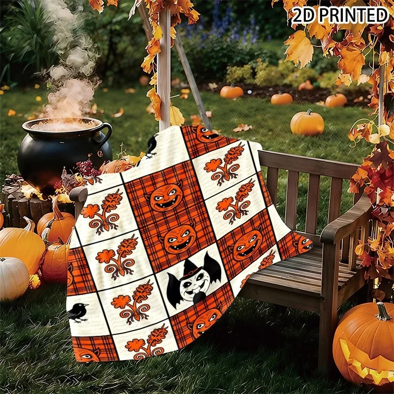 Halloween Themed Grid Print Throw Blanket with Spooky Orange Devil Faces, Black Crows, Ghosts and Witch Patterns, Multiple Speci