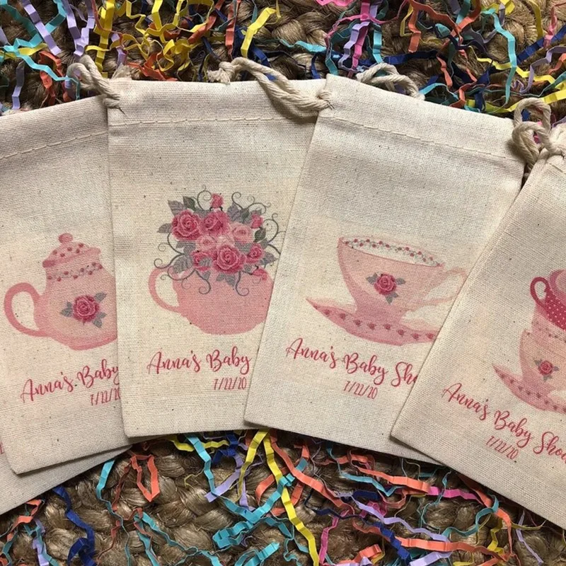 20 Personalized  Pink Assorted Tea Party Theme Baby Shower Favors Cotton Muslin Custom Muslin Cotton Bags Custom Birthday Gift