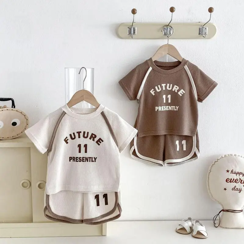 2026 Summer New Baby Short Sleeve Clothes Set Boys Girls Letter Print T Shirts + Shorts 2pcs Suit Toddler Casual Waffle Outfits