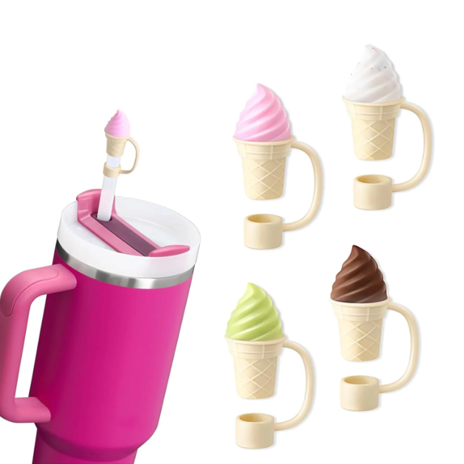 

10mm Straw Cover Cap for Stanley Tumblers Cup Accessories Cute Ice Cream Shape Silicone Straw Dust Toppers Spill Stopper