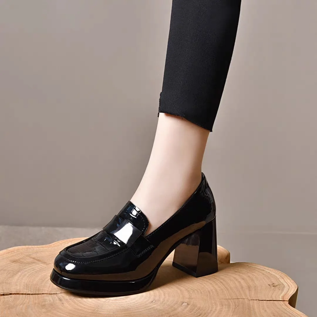 2024 Fashion Women's Shoes Fashion Spring Autumn Women High Heels Round Toe Thick Heels Patent Leather Female Pumps Zapatos Muje