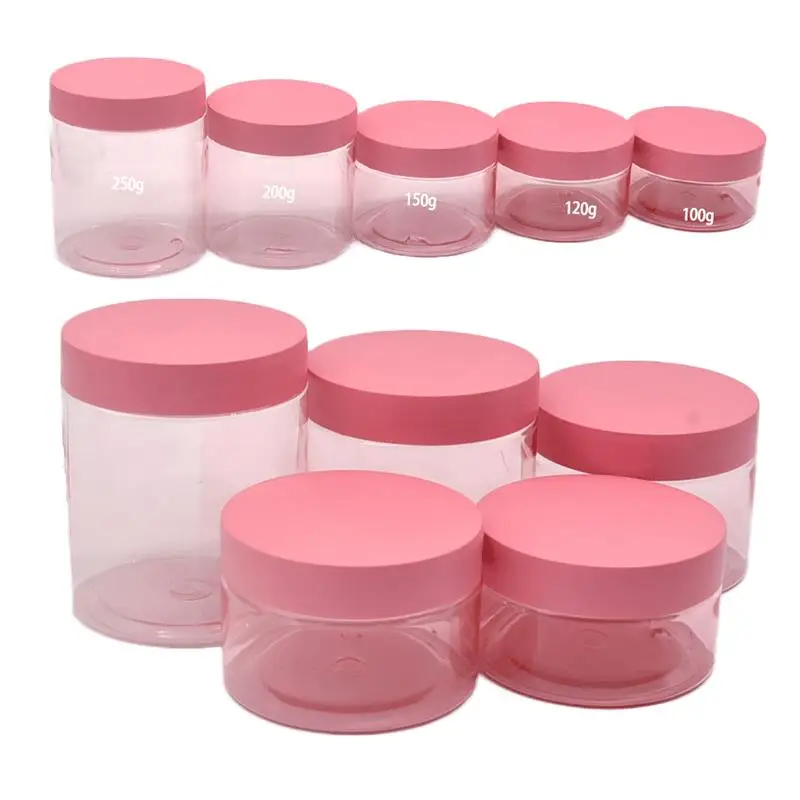 

22Pcs/Lot Cream Containter Empty PET Clear Pink Cosmetics Pot Pink Lid 100g 120g 150g 200g 250g Makeup Skincare Plastic Jars