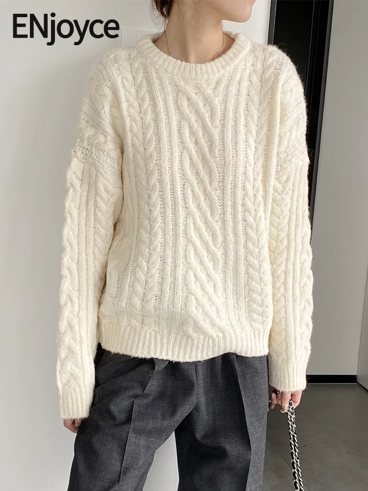 

ENjoyce Women Vintage Twist Knitted Thick Pullovers Ladies Korean Simple Round Neck Sweaters Casual Long Sleeve Knitwear Top