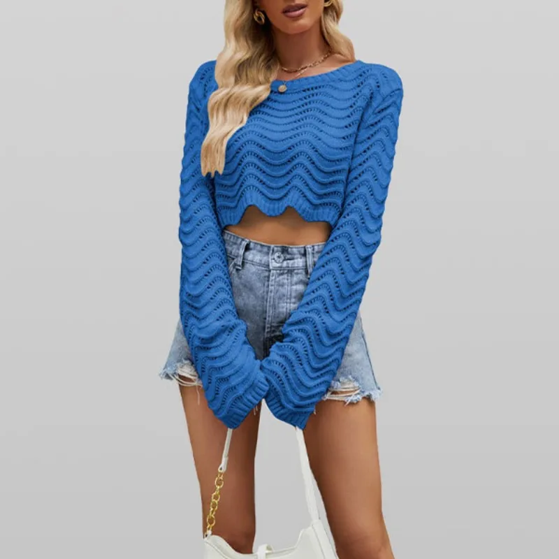 Spring Women's Fashion Hollow Out Wave Pattern Crop Knitted T-shirt Temperament Commuting Female Long Sleeve Casual Pullover Top