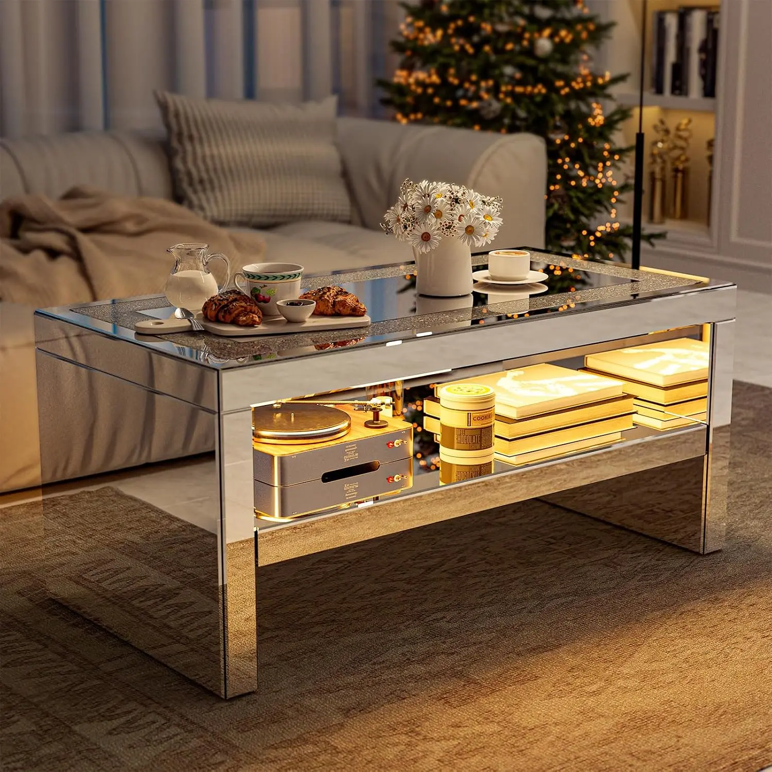 Mirrored Coffee Table Crystal Glass 2-Tier Rectangle Living Room Bedroom, Customized