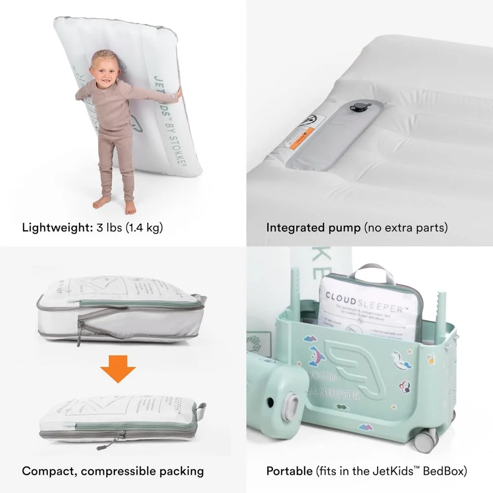 JetKids من Stokke CloudSleeper - سرير سفر قابل للنفخ للأطفال - مع مضخة مدمجة وغطاء شبكي مسامي ومصدات كاملة الطول