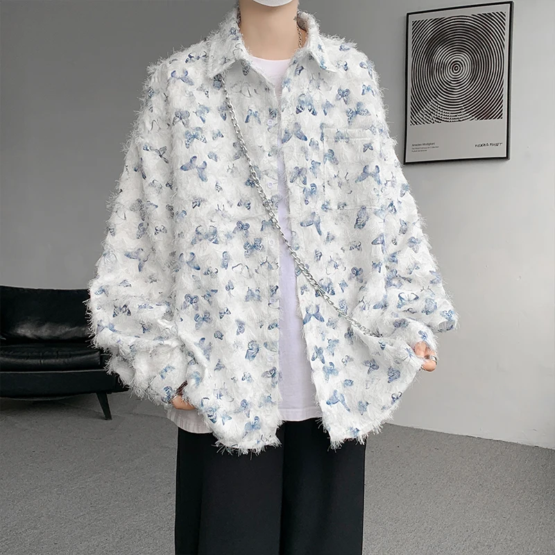 

New Men long-sleeved Heavy Craftsmanship Fringed Butterfly Couple Floral Shirt Coat Spring Autumn Print shirts