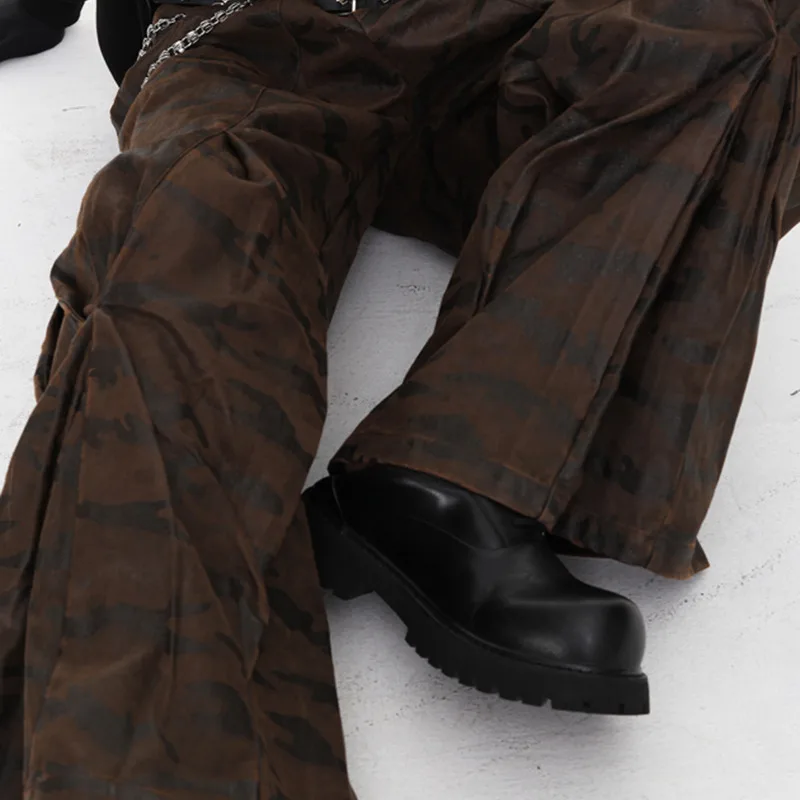 MWJLPWQ Autunno Decostruito Pieghettato Camouflage Cargo Jeans da Uomo High Street Niched Design Autunno Trendy Pantaloni a Gamba Larga 11810