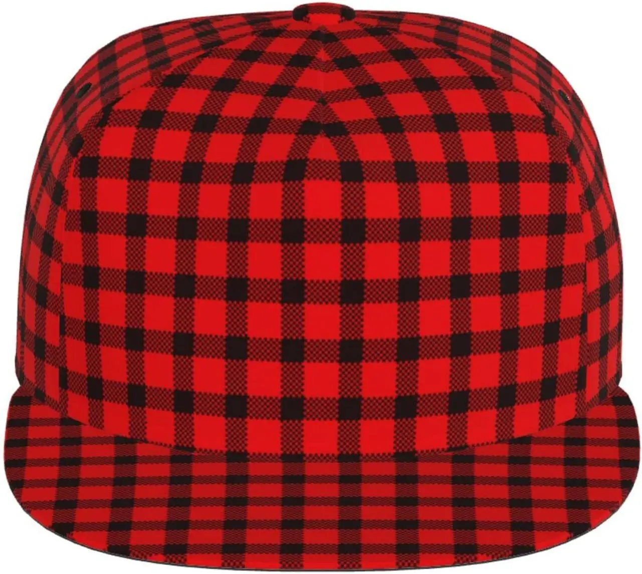 Red Black Buffalo Check Plaid Tartan Scottish Pattern Flat Bill Hat, Unisex Snapback Baseball Cap Hip Hop Style Flat Viso