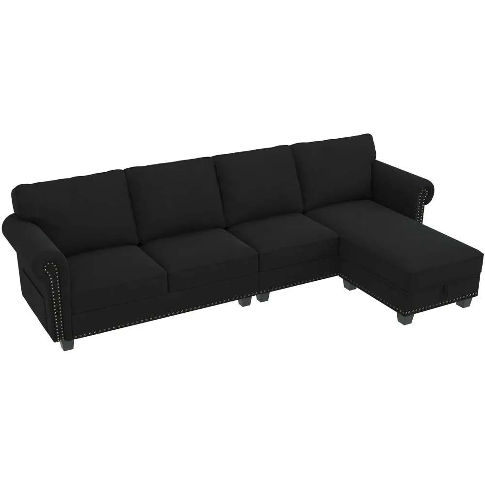 

Velvet Sectional Sofa, L Shaped Sectional Couch Convertible Sofa Couch Reversible Chaise 4 Seater Sofa for Small Space, Black