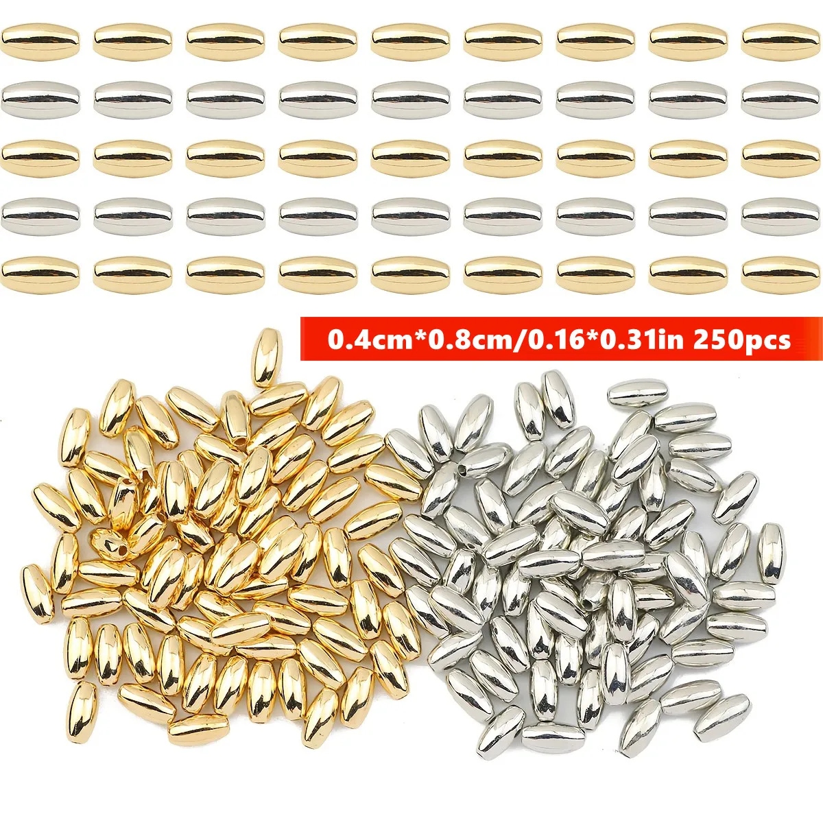 250pcs 4*8mm Silvery And Golden Rice Tube Beads Loose Beads Tubular Spacer Beads Decorative Handmade For DIY Making