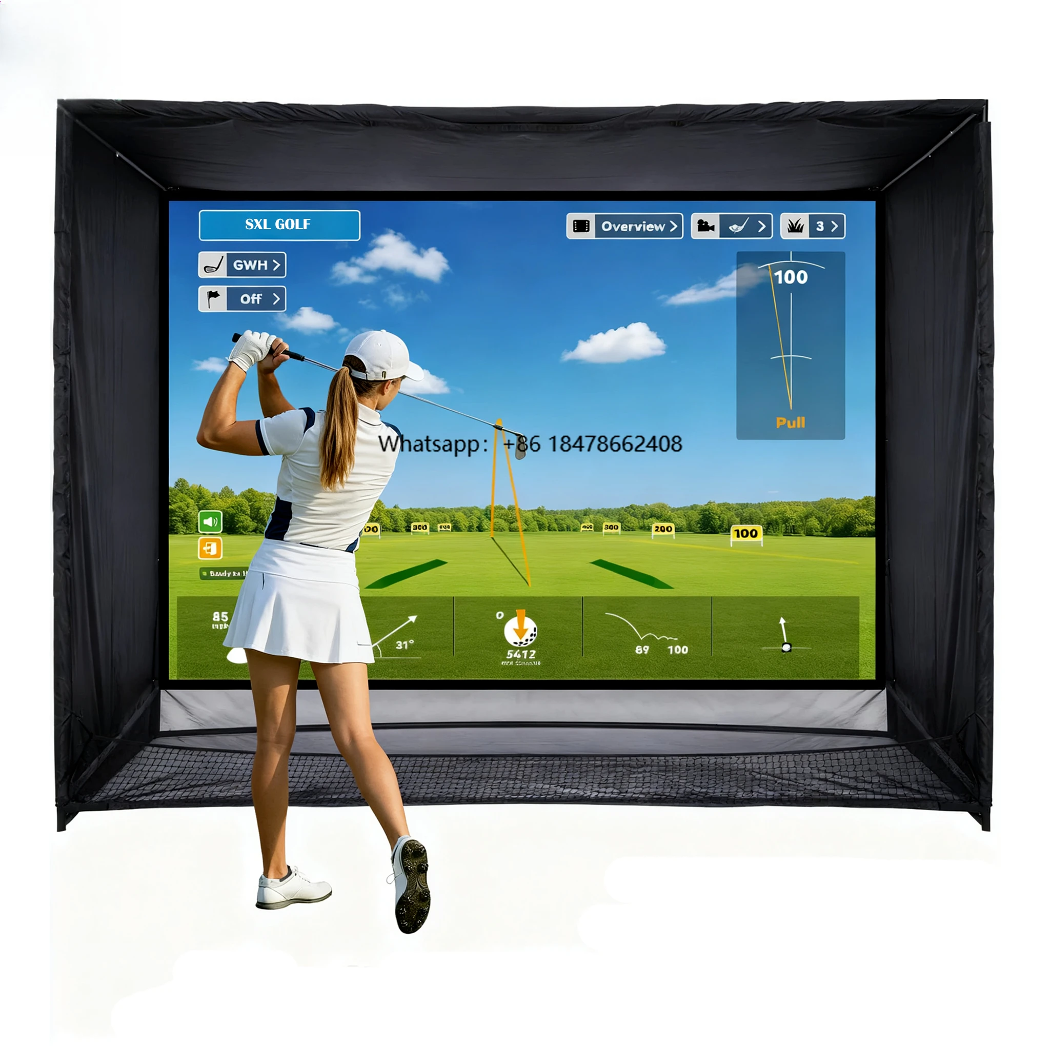 

Custom Size Logo Available Golf Simulator Enclosure with Double-layer Golf Impact Screen Protects Ceiling During Indoor Training