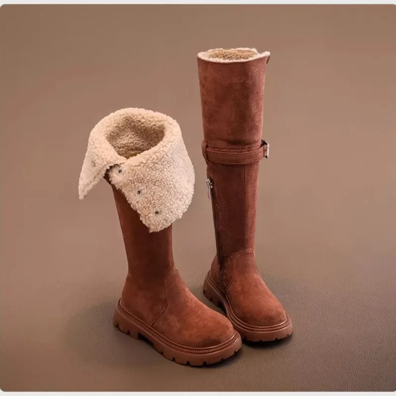Child Fashion Shoe2025winter New Korean Version Child Longboot Fashion Girls Anti Slip Suede Leatherboot British Style Childboot
