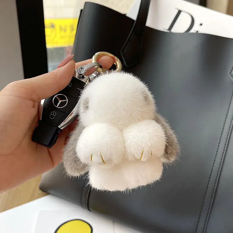 Niedlicher Langohr-Häschen-Schlüsselanhänger aus echtem Nerzfell, Hasen-Puppenanhänger, Spielzeug, Schlüsselring, Handtaschen-Charm, Ornament, Pompom, Plüsch-Schmuck, Geschenke – Detail 10