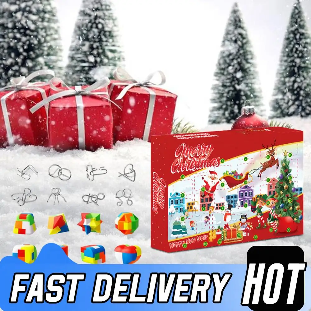 Quebra-cabeça de metal natal advento calendário presentes caixa de plástico metal quebra-cabeça de madeira natal contagem regressiva calendário caixa cérebro teaser brinquedo fidget