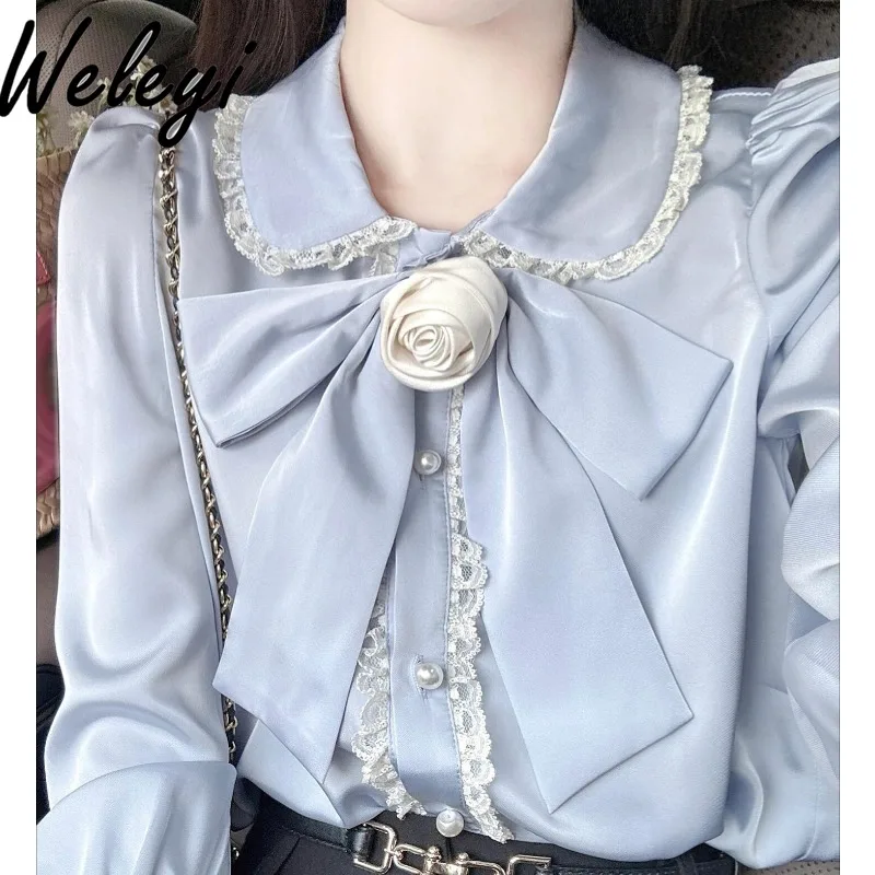 Temperament Camellia Bow Shirt Top Ropa Mujer Spring and Autumn Streetwear New Sweet Fashion Doll Collar Long Sleeve Slim Blusas