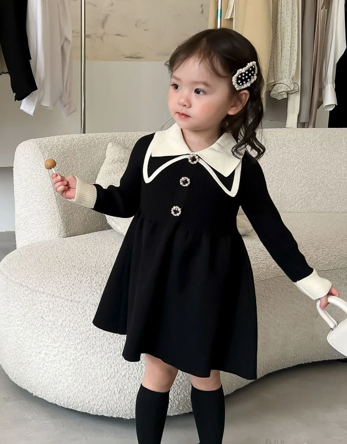 

Sweater Dresses Girls Autumn Winter New Children Clothing Baby Knitting Sweater Princess Style 2024 Turn Down Collar