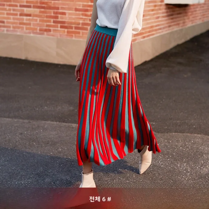 AEL Original Wool Knitting Skirt Women's Spring New Pleated Patchwork Contrast Color Midi Skirt