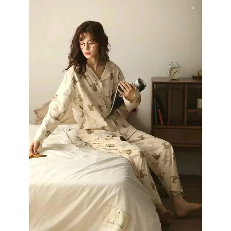 SP&CITY Cartoon Cute Patterned Cotton Long Sleeve Pajamas Suit Women’s Korean Fashion Breathable Sleepwear Spring Autumn Pajamas