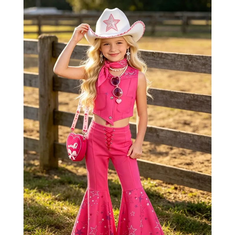 Halloween Girls Beautiful Pink Western Cowgirl Outfit Set 2-12Y Toddler Star Flared Pants Vest Suit  Themed Outdoor Stage Attire