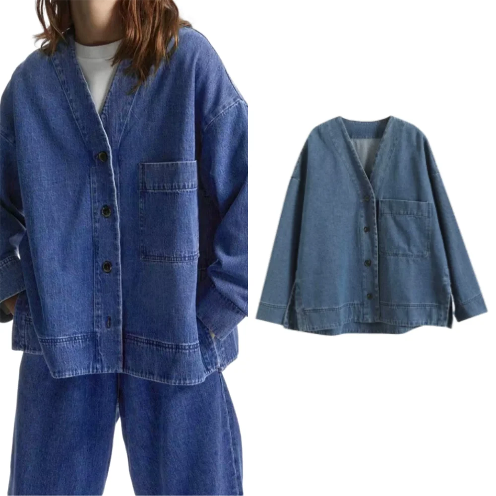 BM&MD&ZA2024 autumn new product simple design pure color casual fashion all-match collar drop shoulder denim shirt