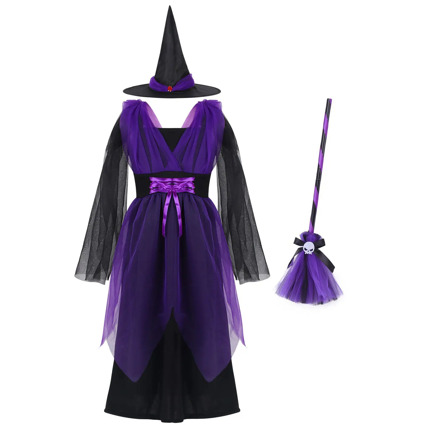 

2025 Baby Girl Halloween Witch Costume For Girl Cosplay Vampire Princess Dress With Hat and Staff Carnival Witch Role Play Dress