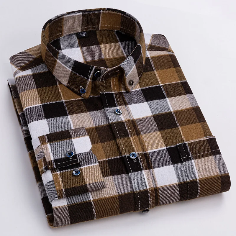 2024 New Pure Cotton Sanding Plaid Men\'s Shirt Spring And Autumn Casual Fashion Business Slim Fit Comfortable Long Sleeves Top