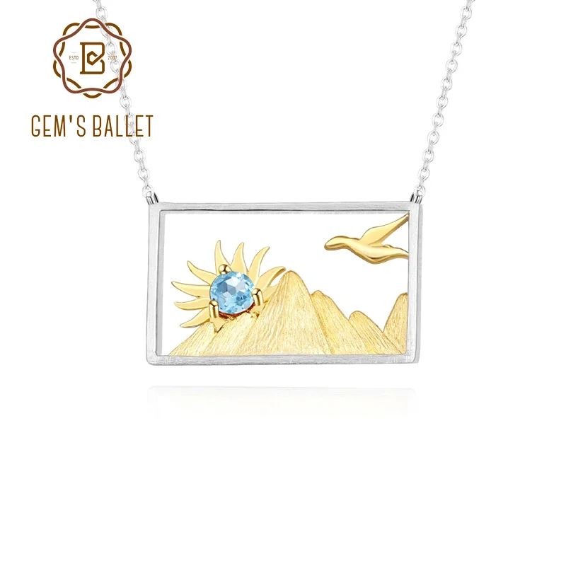 GEM'S BALLET Natural Swiss Blue Topaz Gemstone 925 Silver 18k Gold Plated Two Tone Woman’s Handmade Statement Pendant Necklace