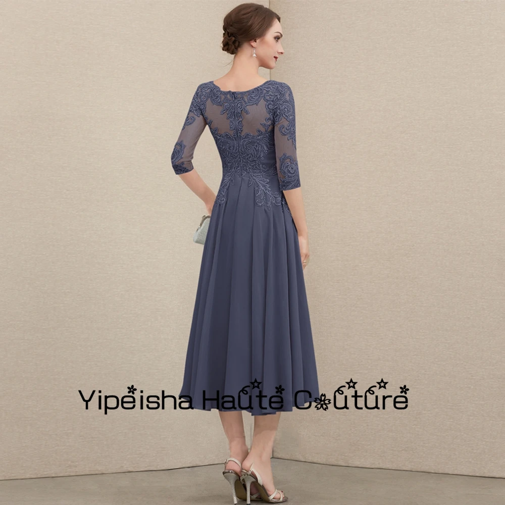 Yipeisha Scoop Tea Length Elegant Mother Of Bridal Dresses for Marriage Three Quarter Chiffon Wedding Party Gowns 2022 Summer