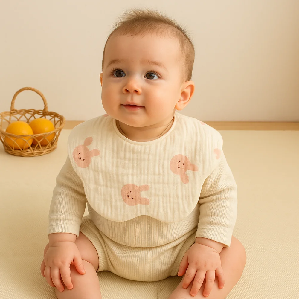 

Cartoon Anti-vomiting Bibs Cotton Yarn Flower Shape Baby Drooling Bibs Round Neck Rotatable Baby Cotton Bibs