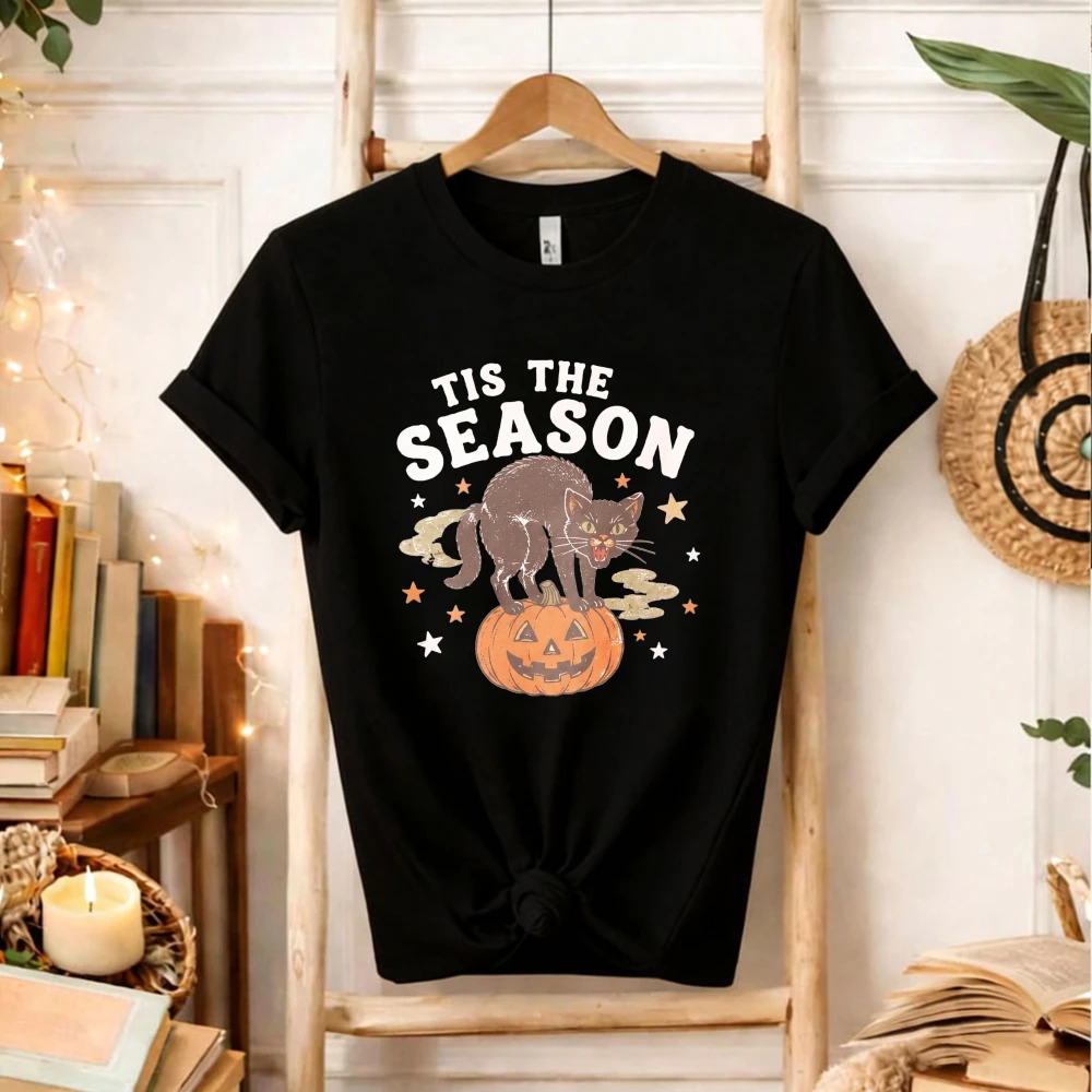 Tis The Season Vintage Black Cat Halloween T‑Shirt Jack O Lantern Pumpkin Star Cloud Spooky Fall Autumn Distressed Slogan Tops