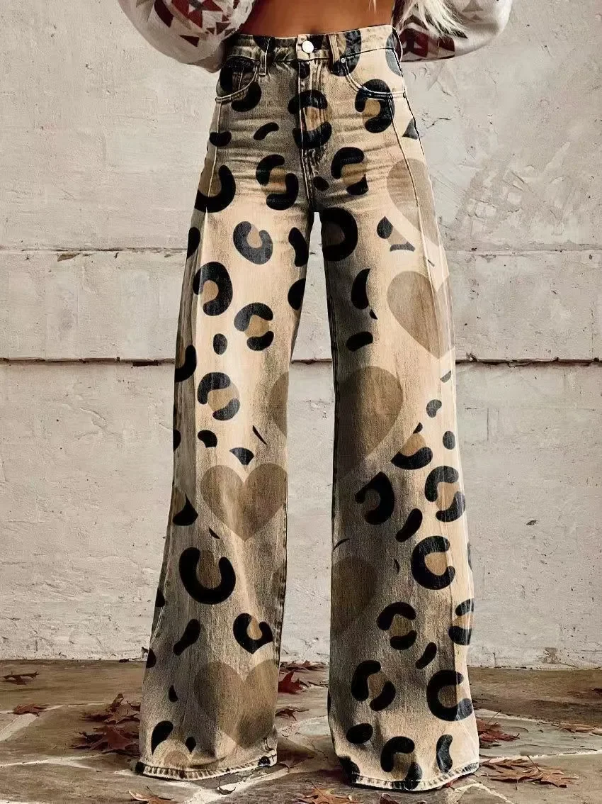 

New fashionable women's plus size imitation jeans hot 3D printed casual pants wide leg pants flared pants outdoor street wear