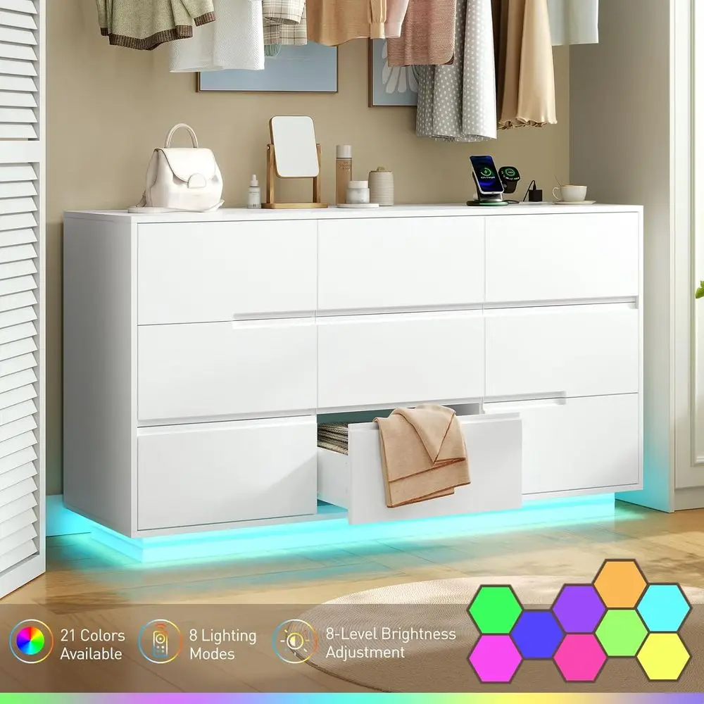 55 White Dresser with Charging Station, LED Light, and Organizer for Bedroom, Living Room, Hallway