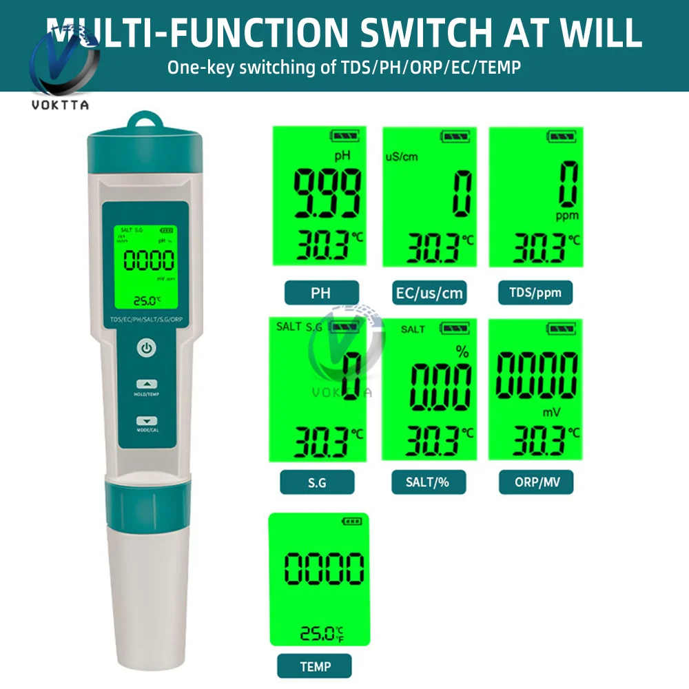 7 in 1 PH/ORP/EC/TEMP/SALT/S.G/TDS LCD Backlight Waterproof IP67 Water Quality Tester Multifunctional Water Quality Test Pen