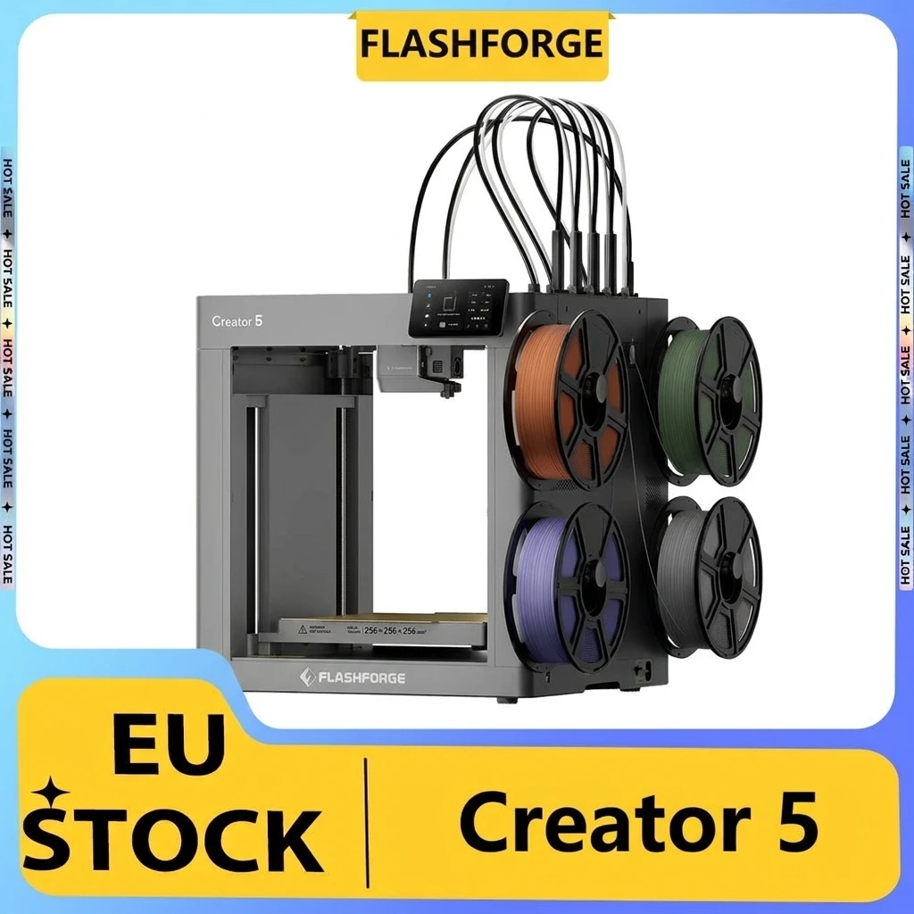 Stampante 3D Flashforge Creator 5, 4 Testine di Stampa Indipendenti, Volume di Costruzione 256×256×256mm, Velocità di Traslazione 600mm/s, Livellamento Automatico, 320 ° Ugello C, Stampa Multicolore e