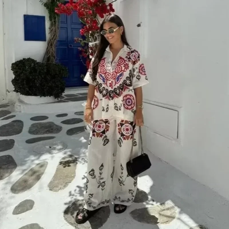 طقم بنطال مطبوع بأكمام قصيرة للنساء ، نمط عطلة مشهور ، كاجوال وعصري ، زر