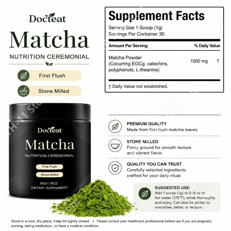 Docteat Matcha Powder Dietary Supplement Daily Energy Focus A Comfortable DigestiveSupport L-Theanine Caffeine Catechins 50g