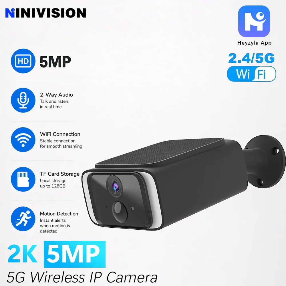 5MP Wireless Outdoor Solar Bullet IP Camera 5GHz WIFI Ultra Standby Time Two-Way Audio PIR Detection Built-In Battery Waterproof