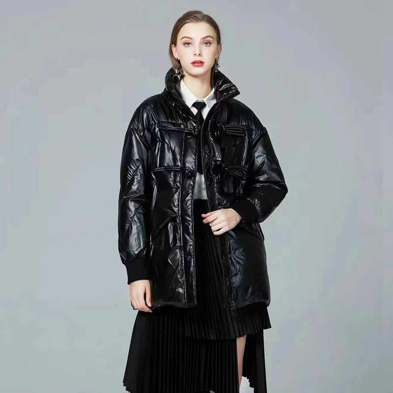 Women's New Winter Stand Collar Glossy Down Jacket with Bow for Versatile Outfits