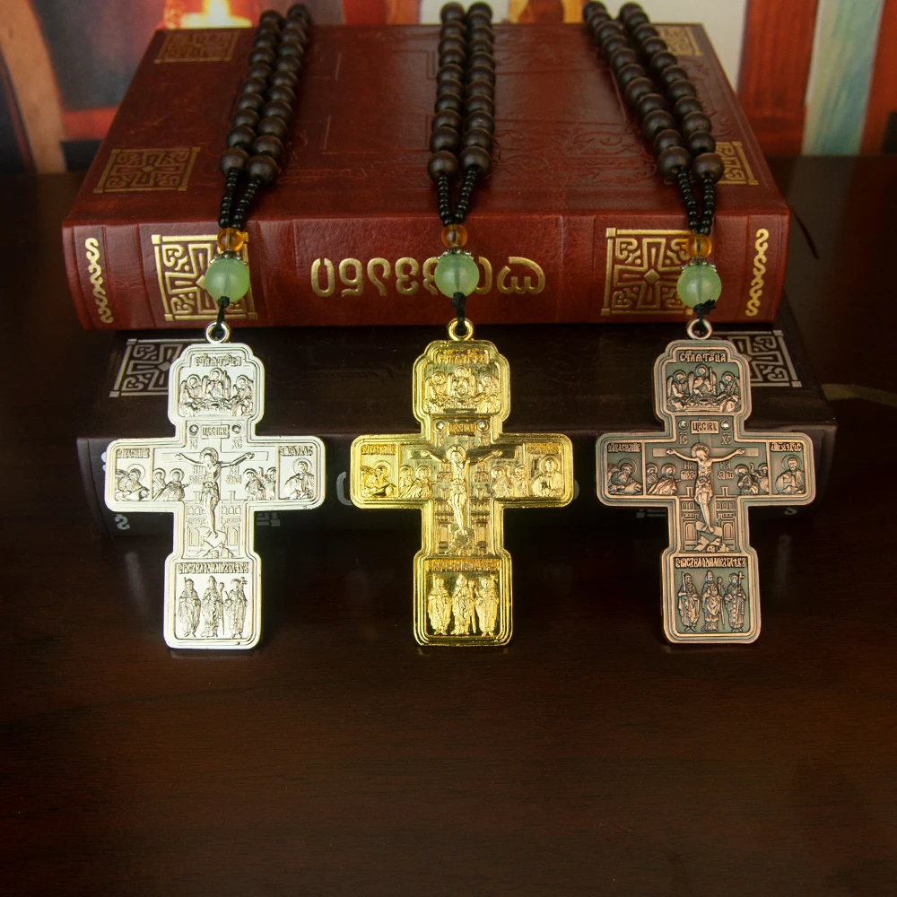 Orthodox Cross Necklace WithWooden bead chain Crucifix Gold Wooden Rosary Beaded Chain Religious Jesus Prayer Jewelry Box Gift
