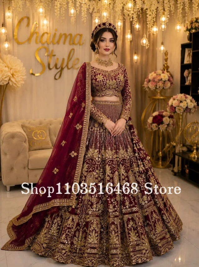 

Gorgeous Burgundy Indian Sari Customized Traditional Pakistani Bridal Gown Ethnic Wedding Dress Evening Gown Formal Occasion2026