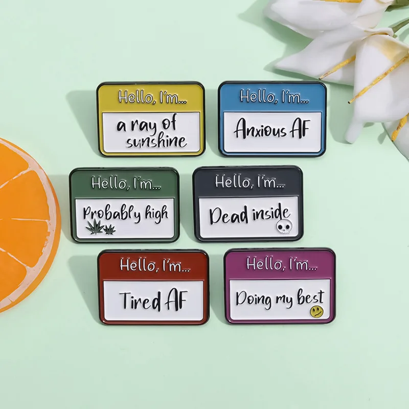 

Metal Nameplate Design Letter Brooch Creative Fun English Letter Short Sentence Series Badges on Backpac Clothing Lapel Pins