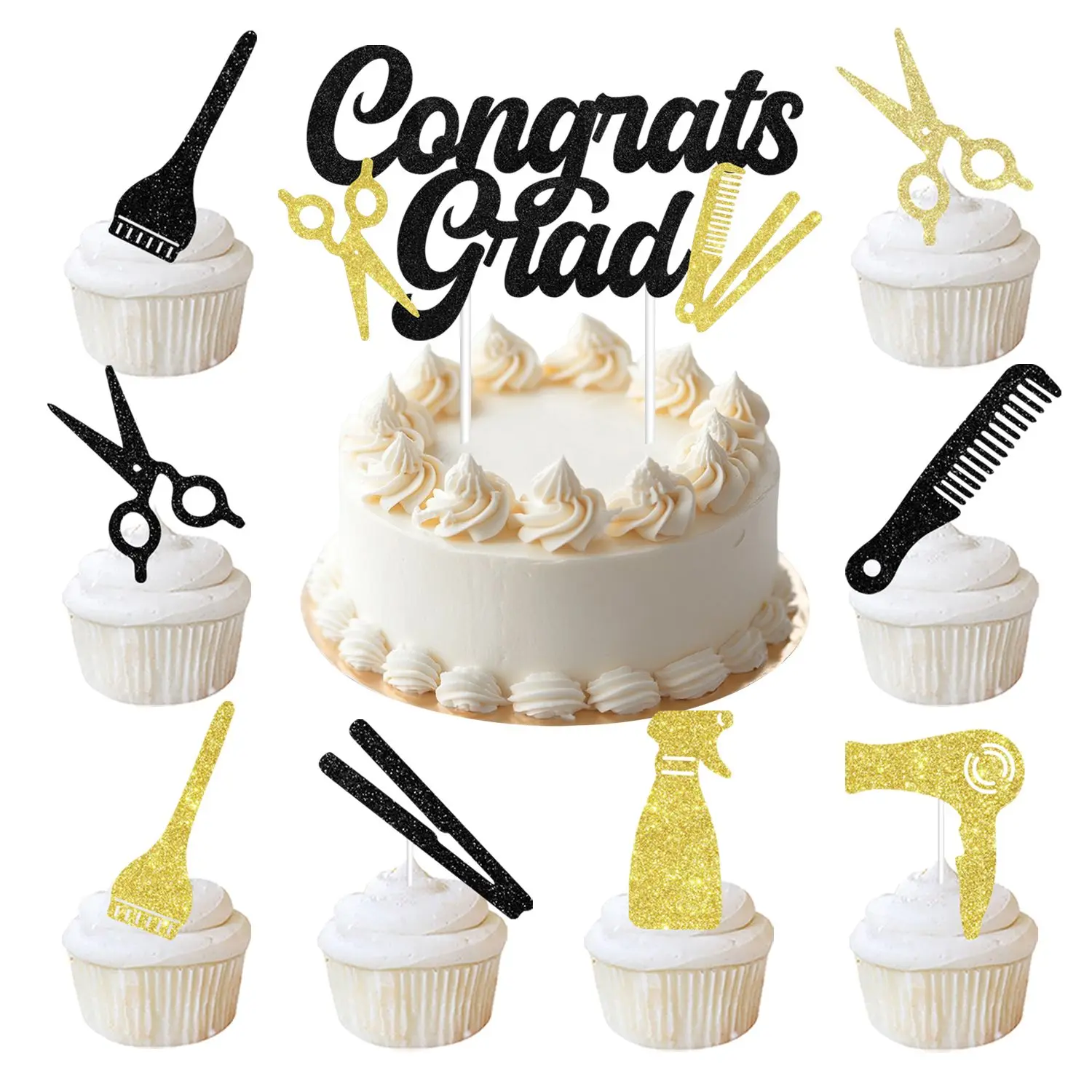 13PCS Hairdresser Cake Topper Set for Haircut Graduation Party, Black & Golden Glitter Barbershop Cupcake Picks, Cake Decoration