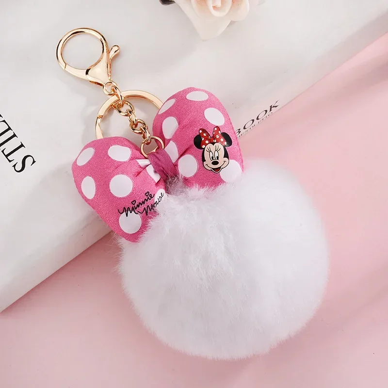 Disney Mickey Mouse Hairball Keychains Bag Hanging Accessories Action Toys Minnie Keyring Anime Bow Pendant Key Chain Kids Gifts